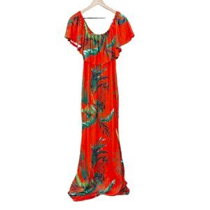 Floral Maxi Dress Womens 1X Orange Off Shoulder Ruffle Tropical Resortwear